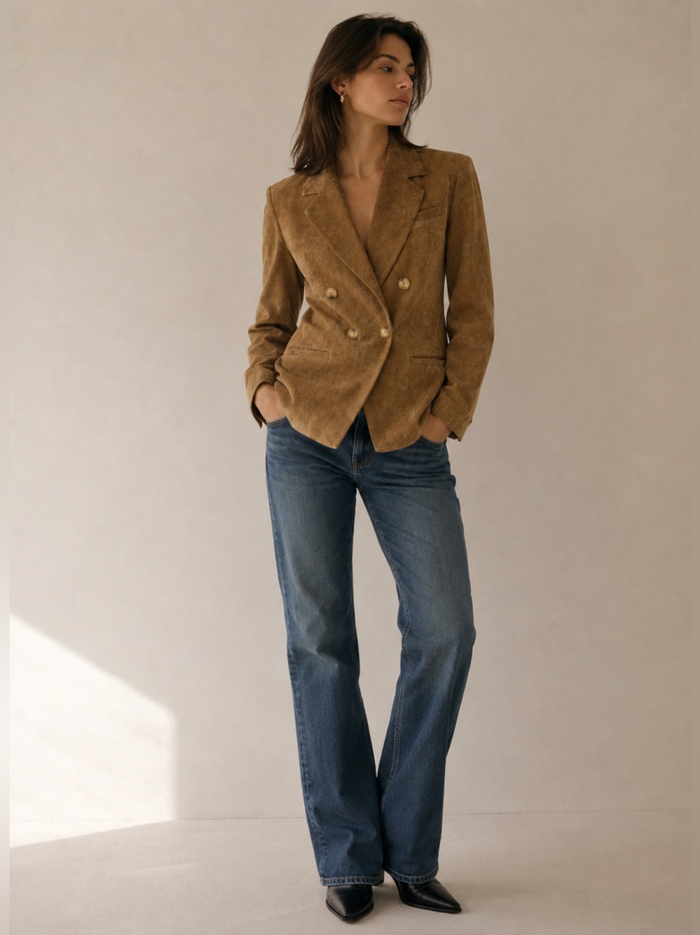 BLANK NYC Suede Double-Breasted Blazer in Pecan Tan Size Small 90’s minimalist